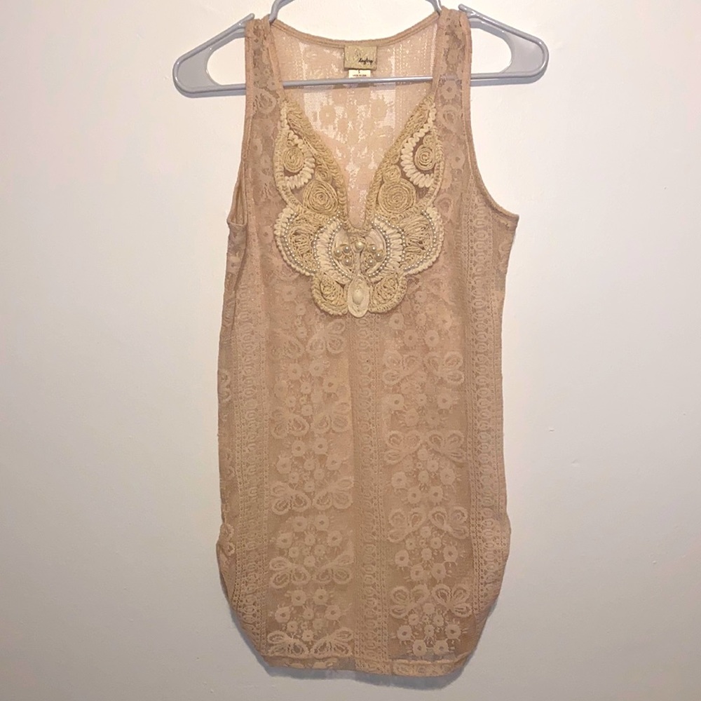 Small Daytrip Cream Lace Beaded Embelishment Sleeveless Top (See-through)